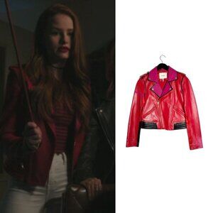 Maje Vibrant Red and Black Leather Jacket. Real prop jacket from RIVERDALE show